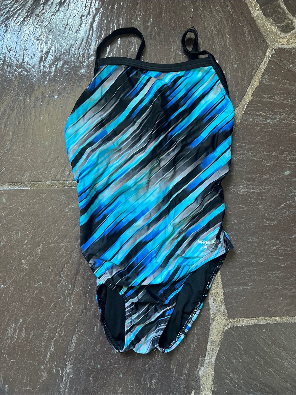 Speedo Black Blue Striped Athletic One-Piece Swimsuit